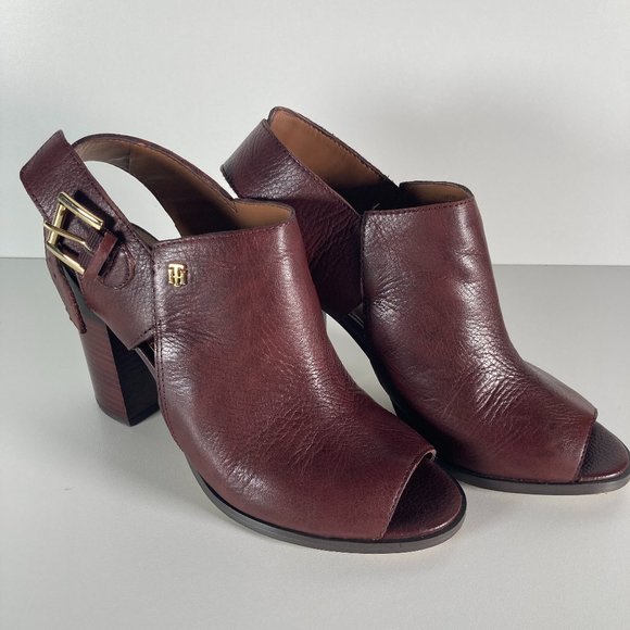 Tommy Hilfiger Shoes - Tommy Hilfiger Leather Ankle Strap Booties Red Buckle Block Heel Peep Toe 8 M